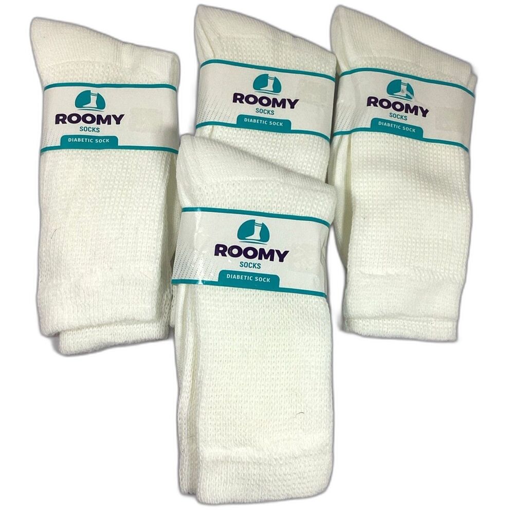 Mens White Crew Diabetic Socks Size 6-8 Lot of 4 Pairs Stretch USA New Roomy
